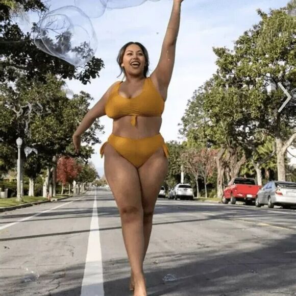 NWT Soncy Bikini Two Piece Swimsuit Tie Detail Ribbed Mustard Yellow Curvy Sz 12 - Picture 2 of 14